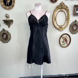 Vintage Kathy Ireland Black Satin Slip Dress Lace Bust Mini Lingerie Dress